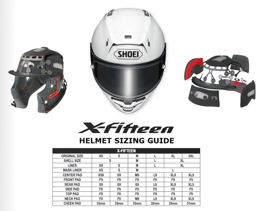 Shoei XFifteen Size Guide Sierra BMW Motorcycle