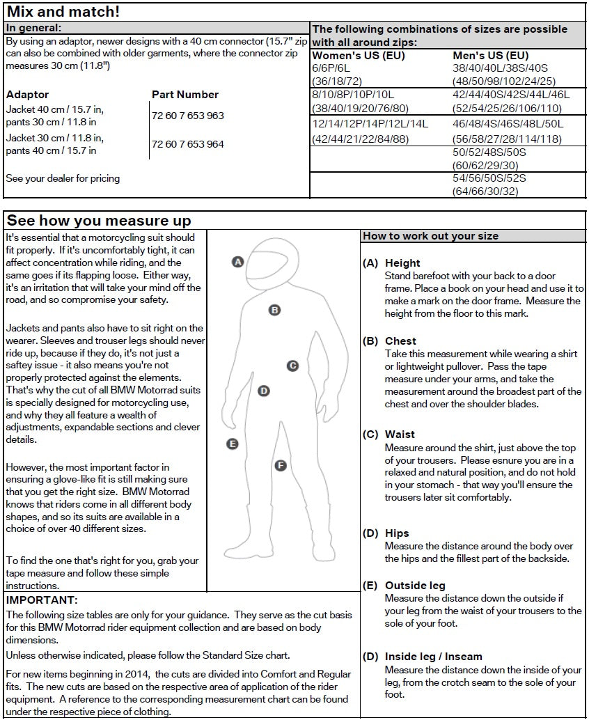 BMW Motorcycles Riders' Apparel Size Guide Sierra BMW Motorcycle