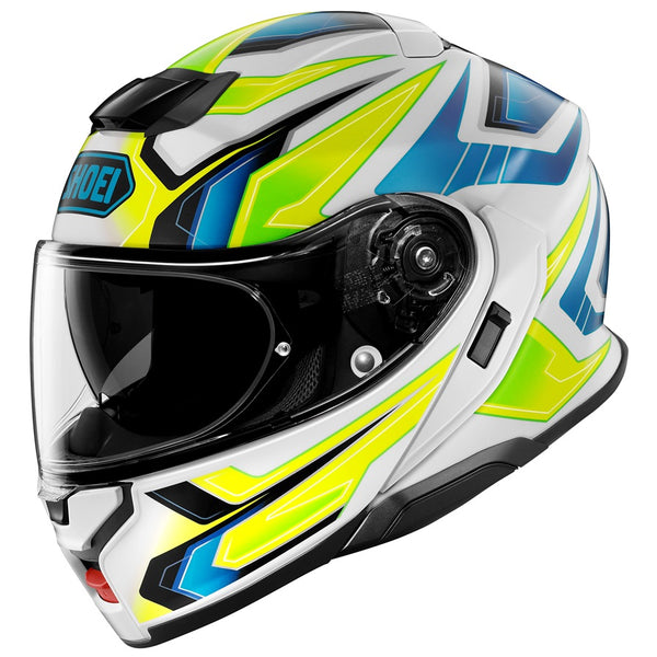 shoei blue and white helmet Shoei Neotec 3 Anthem White/Blue/Yellow Helmet – Sierra BMW Motorcycle