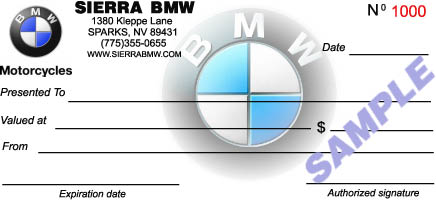 Sierra BMW Motorcycle Gift Certificate $25.00