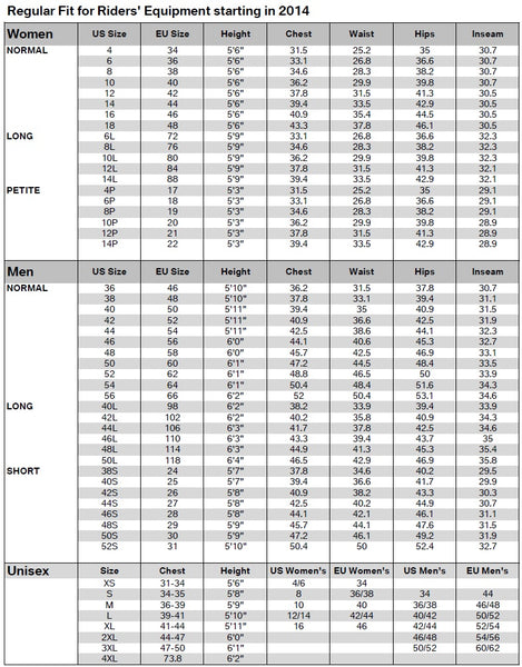 BMW Motorcycles Riders' Apparel Regular Size Chart